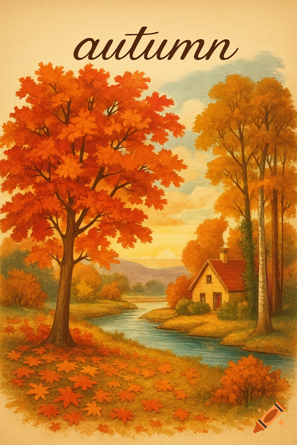 Painted autumn landscape with a river, small house, and orange trees. The word 'autumn' is at the top.