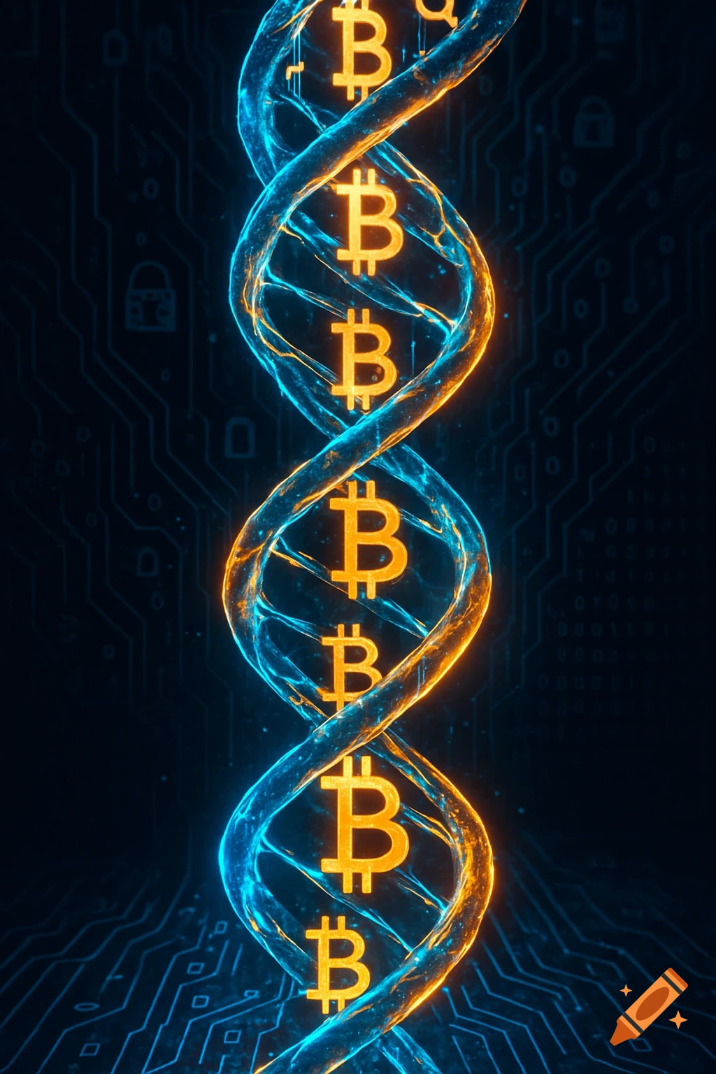 Digital illustration of a glowing blue and orange DNA helix with golden Bitcoin symbols on a circuit board background.