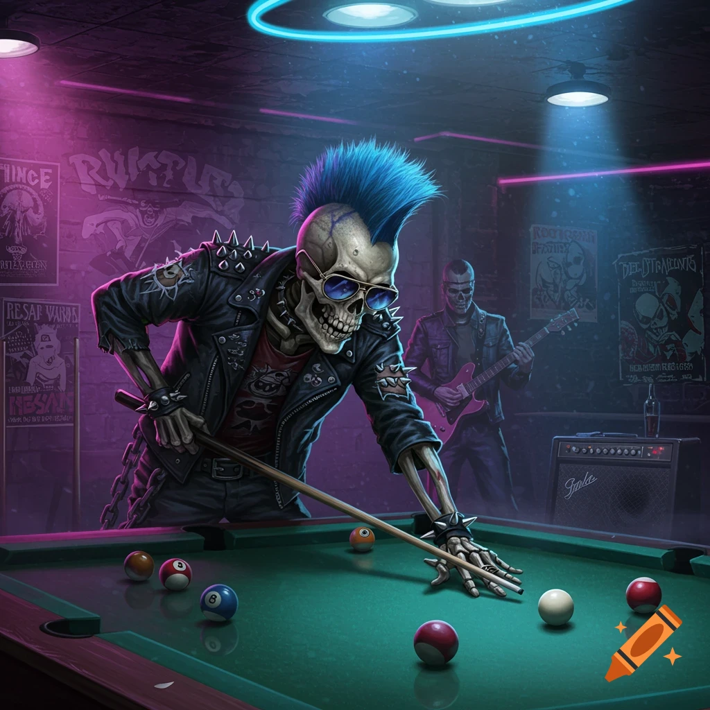 A stylized rockstar skeleton with a blue mohawk and sunglasses plays pool in a dark, neon-lit bar. Another skeleton plays an electric guitar in the background. Posters with garbled text adorn the walls.