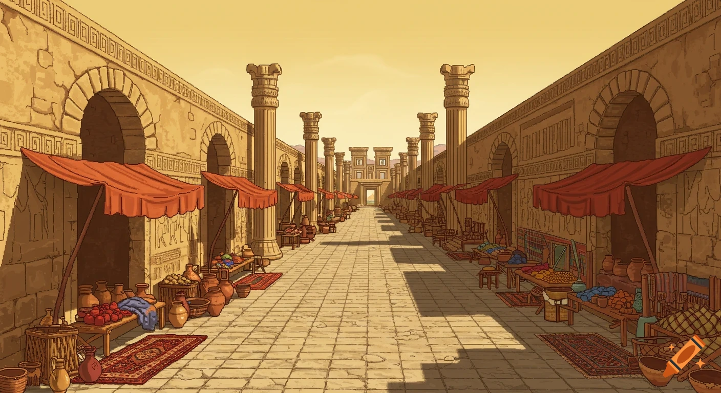 Pixel art of an ancient Persian bazaar street with stone columns, market stalls, and archways under a golden sky.