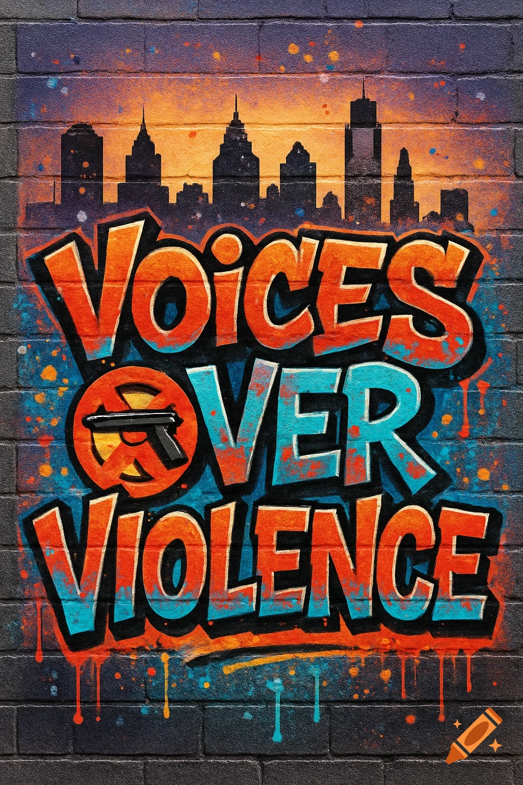 Vibrant graffiti mural on a brick wall with 'Voices Over Violence,' an anti-firearm symbol, and a city skyline background.