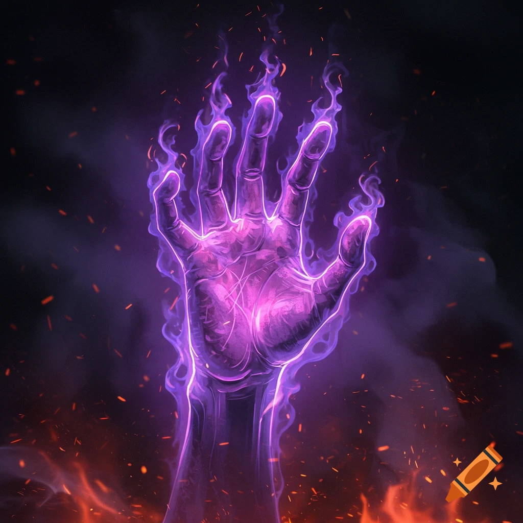 A stylized hand engulfed in vibrant purple flames, set against a dark background with red embers.