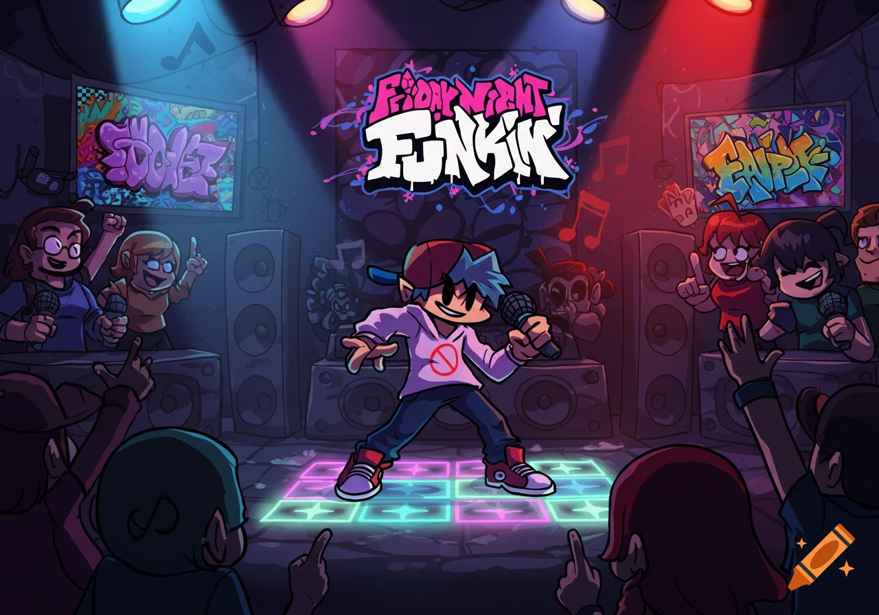 Cartoon illustration of the blue-haired 'Boyfriend' from Friday Night Funkin' rapping on a glowing stage to an excited audience.