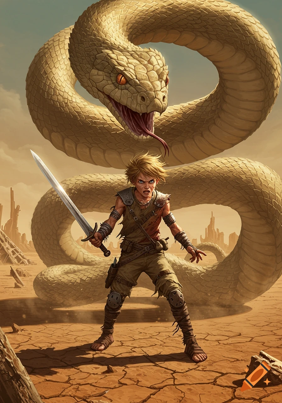 A determined blonde boy with a sword confronts a giant coiled snake in a post-apocalyptic desert landscape.