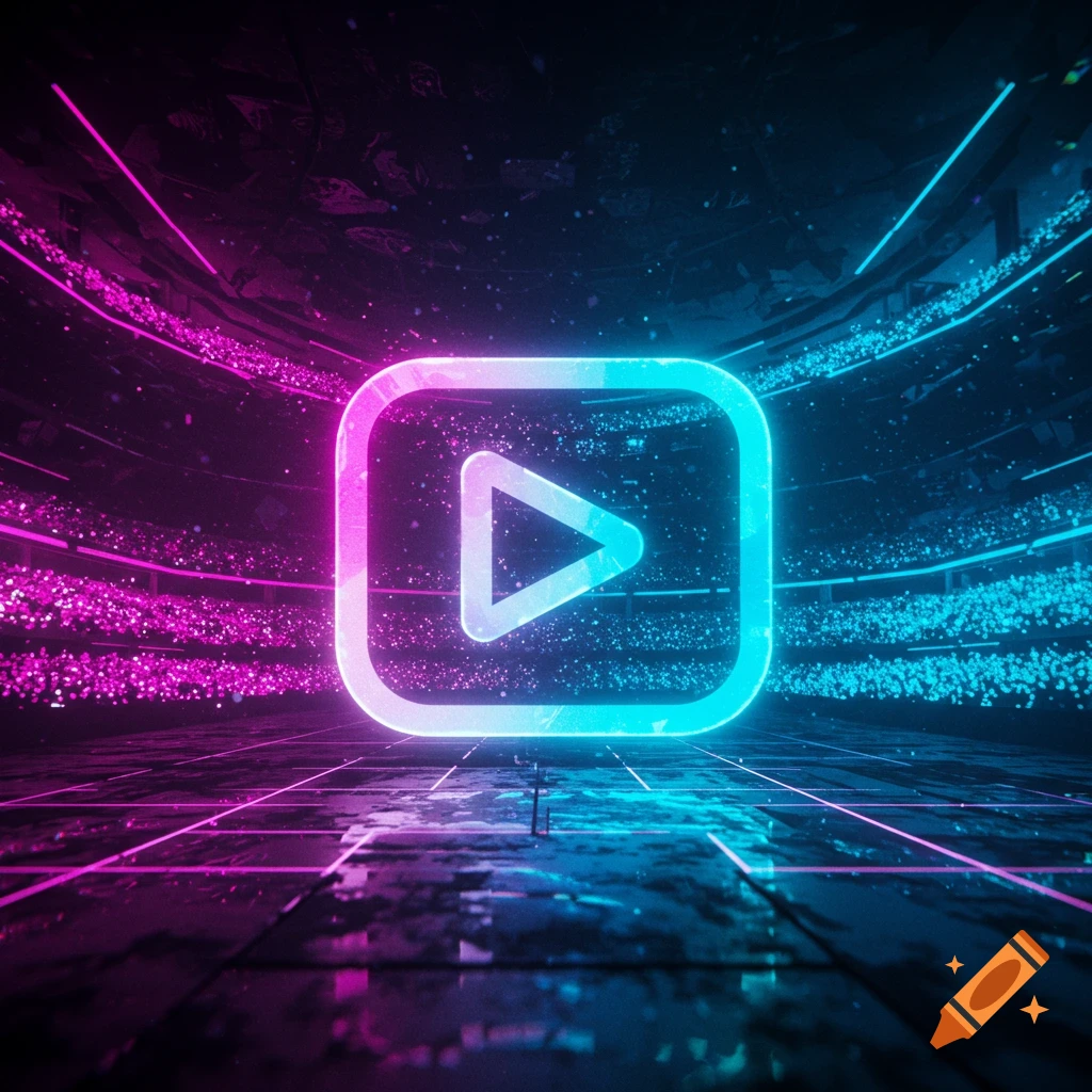 Glowing play button icon in a dark, futuristic neon-lit environment with pink and blue lights and sparkling particles.