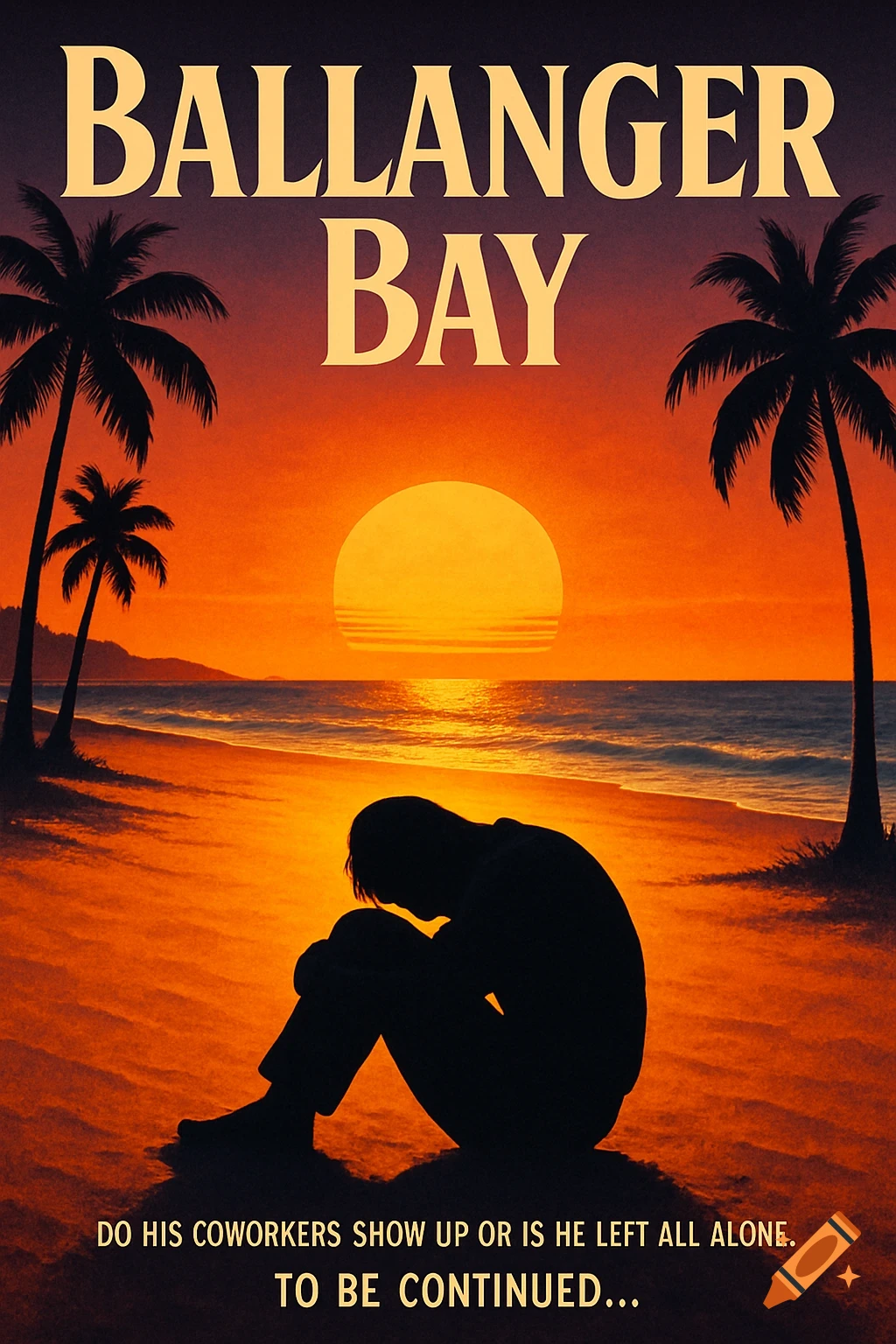 Movie poster showing a silhouette of a person in fetal position on an orange sunset beach with palm trees and the title 'Ballanger Bay'.