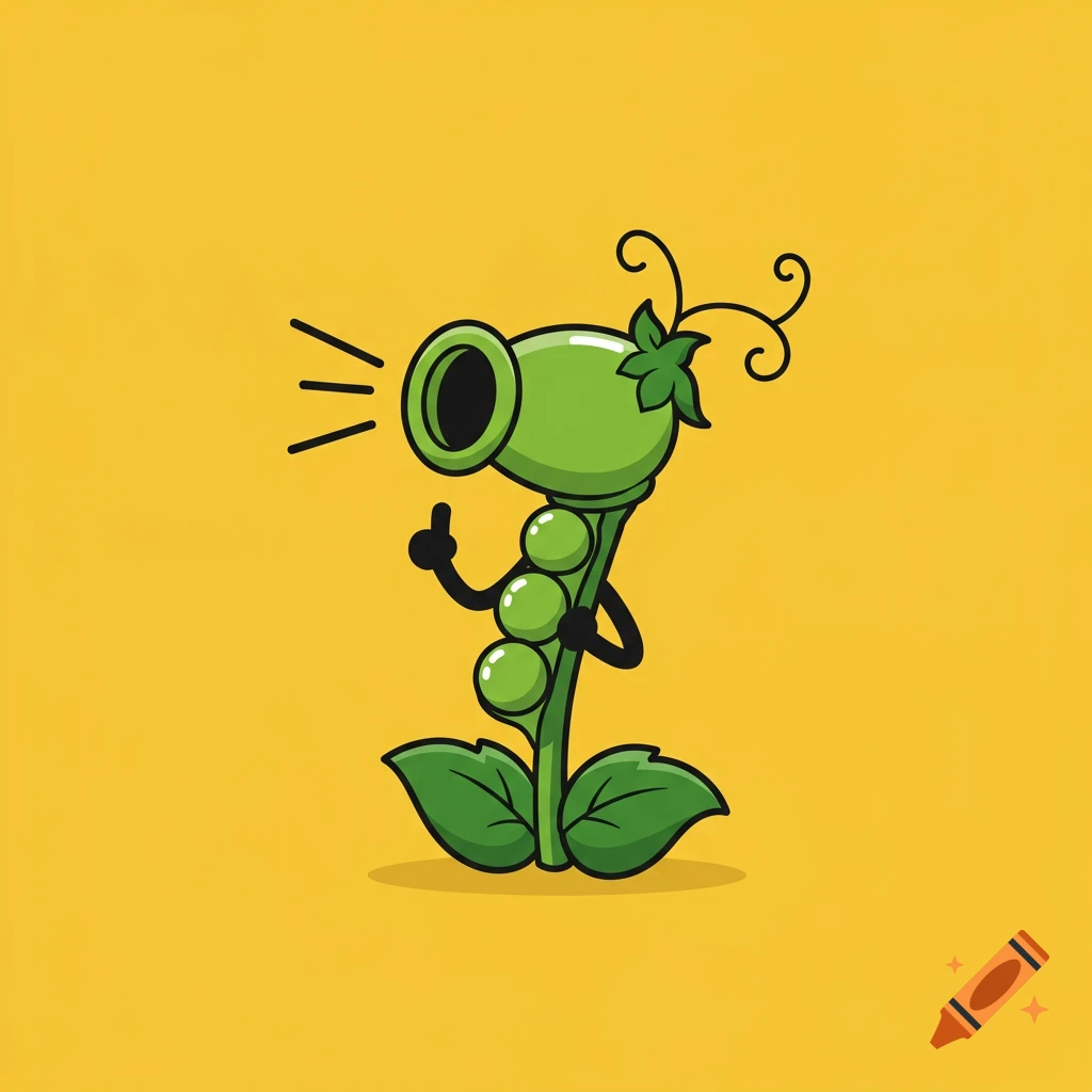 A cartoon green peashooter plant character with a thumbs up on a bright yellow background.