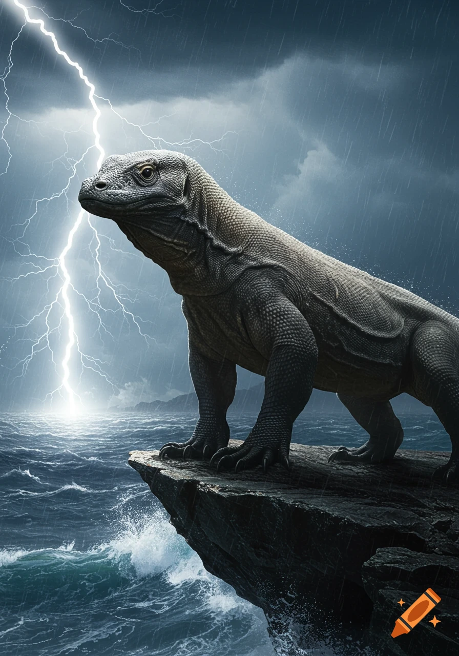 A photorealistic Komodo dragon stands on a rocky cliff overlooking a stormy ocean with lightning striking in the background.