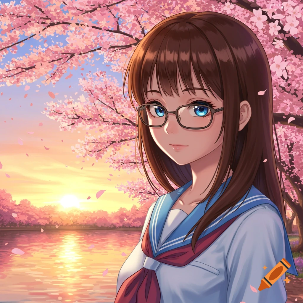 Anime schoolgirl with brown hair and glasses by a lake at sunset, surrounded by pink cherry blossoms.