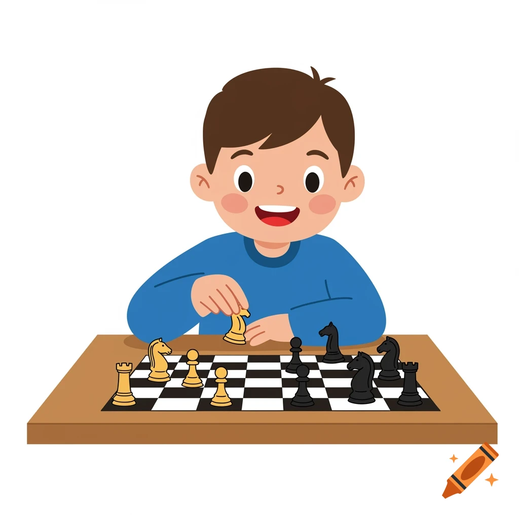 Vector flat illustration of a happy boy moving a knight chess piece on a chessboard.