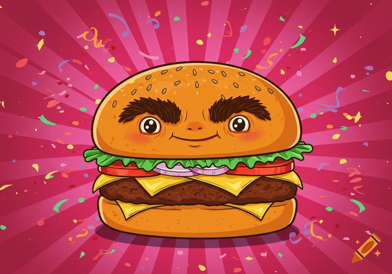 A cartoon burger with a human-like face, large bushy unibrow, and a playful smile, surrounded by colorful confetti on a pink radial background.
