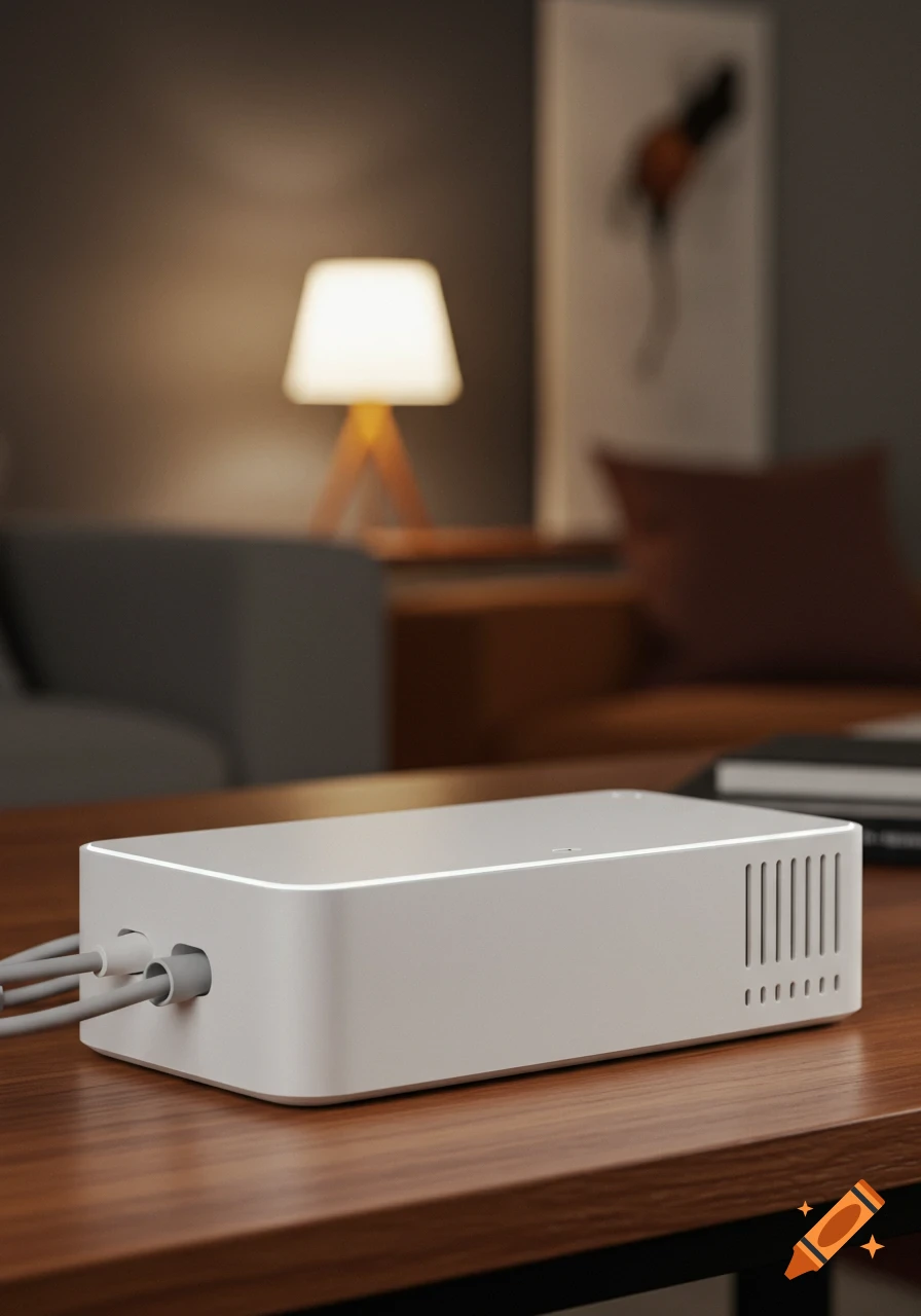 White cable management box with cables on a wooden table. Blurred background shows a lit lamp, sofa, and artwork in a cozy room.