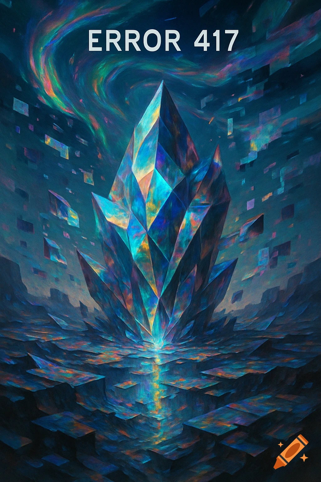 A vibrant, glowing multifaceted crystal stands in a surreal landscape with colorful swirling patterns and floating fragments. Text: ERROR 417.