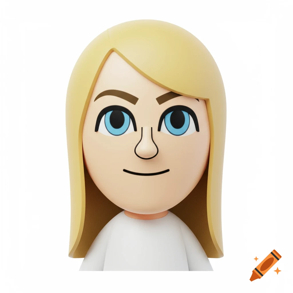 A close-up of a Mii avatar with long blonde hair, blue eyes, brown eyebrows, and a white shirt on a white background.