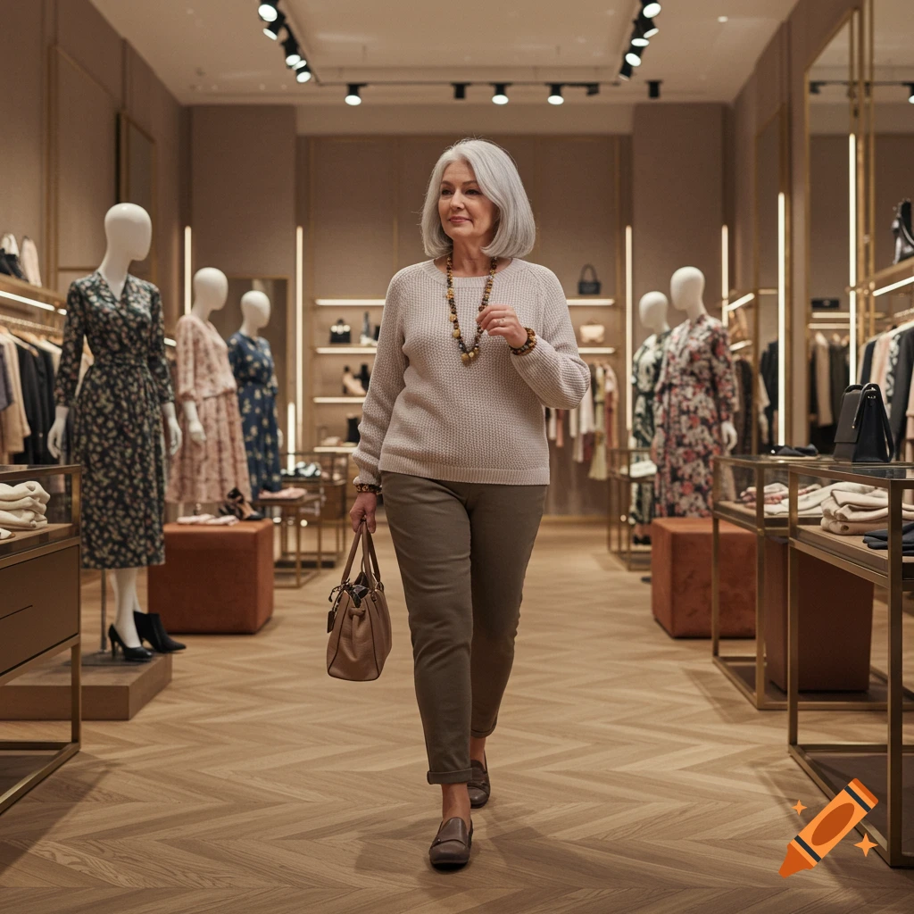 A senior woman with gray hair walks through a modern clothing boutique, holding a handbag.