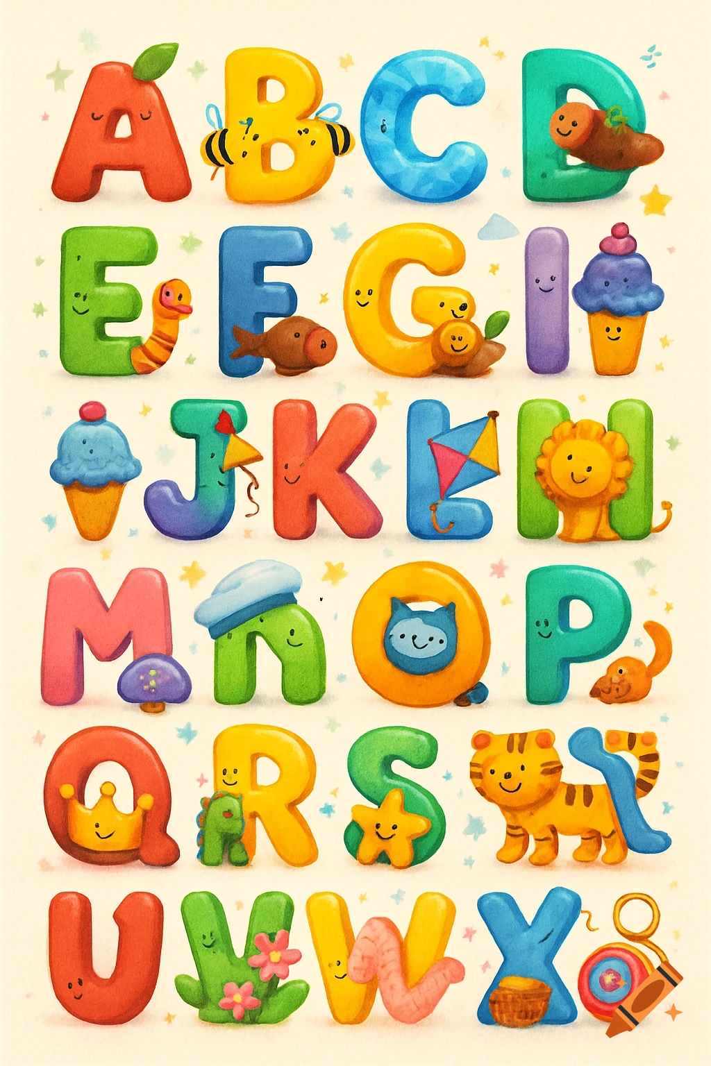 A colorful children's alphabet poster featuring cheerful, anthropomorphic letters A-Z, each with an associated object or animal.