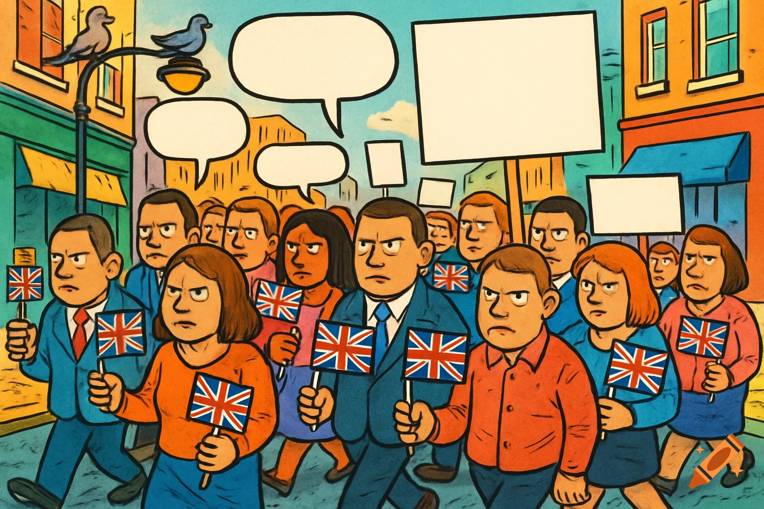A cartoon crowd of people with serious faces marching in a city, holding British flags and blank signs/speech bubbles.