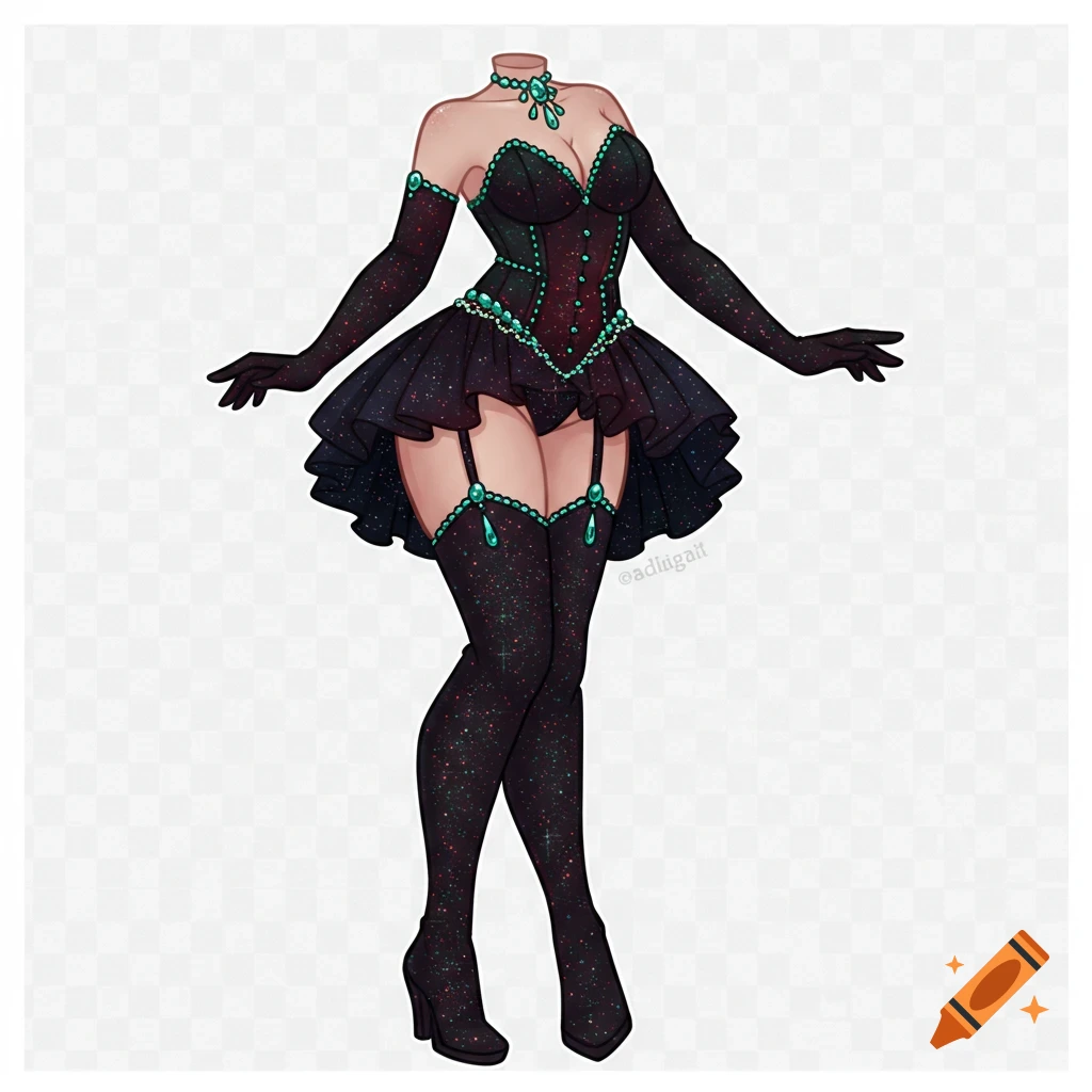 Digital chibi illustration of a headless figure in a sparkly black corset outfit with emerald gemstones, short skirt, long gloves, and thigh-high stockings.