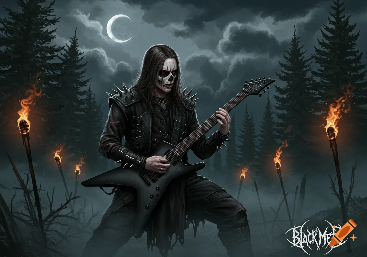 A skull-faced figure in spiked black armor plays an electric guitar in a dark, misty forest with torches under a crescent moon.