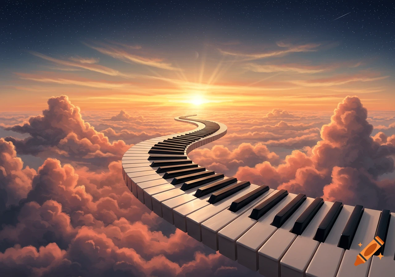 A winding piano keyboard forms a path through a vibrant orange and pink sunset sky, above fluffy clouds.
