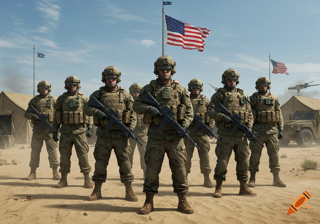 A group of soldiers in combat gear with rifles stand in a desert camp under American flags, photorealistic.