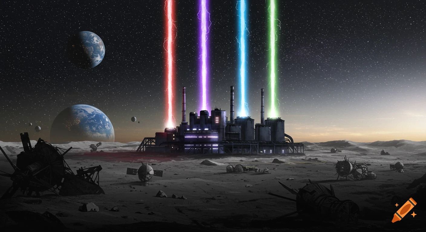 A factory on the moon emits red, purple, blue, and green energy beams into space, with planets and debris on the lunar landscape.