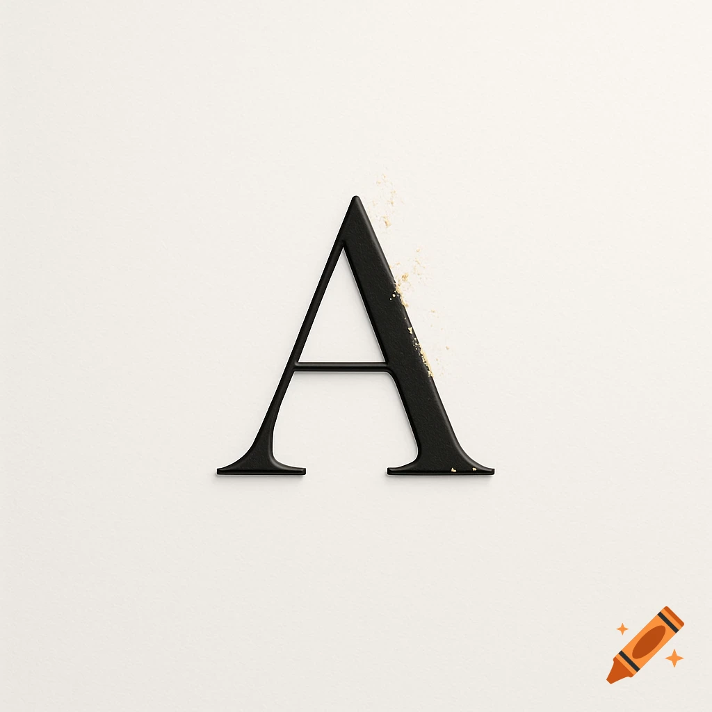 A black, stylized uppercase letter A with gold speckles on a cream background.