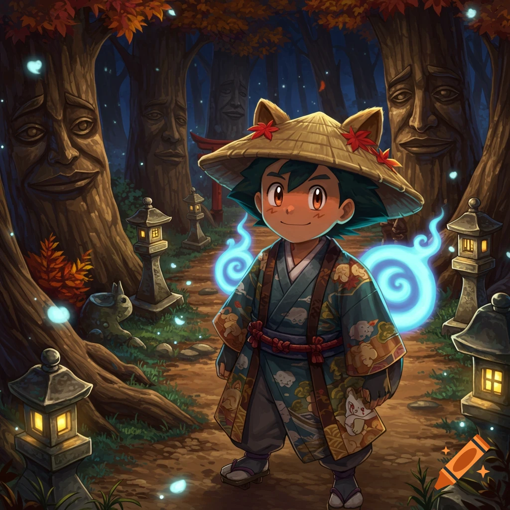 Ash Ketchum as a tanuki yokai in a kimono and straw hat, with glowing blue spirits and tree faces in a mystical forest.