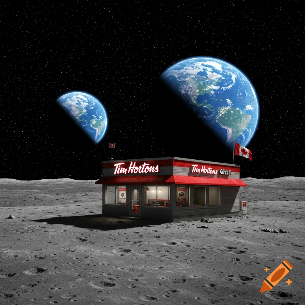 A photorealistic Tim Hortons coffee shop stands on the cratered surface of the moon, with Earth and stars in the background.