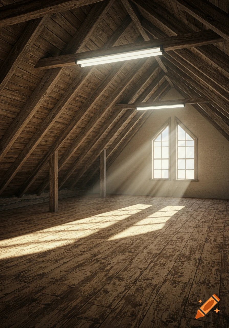 Photorealistic empty wooden attic room with exposed rafters, floorboards, light streaming from a gable window, and fluorescent lights.
