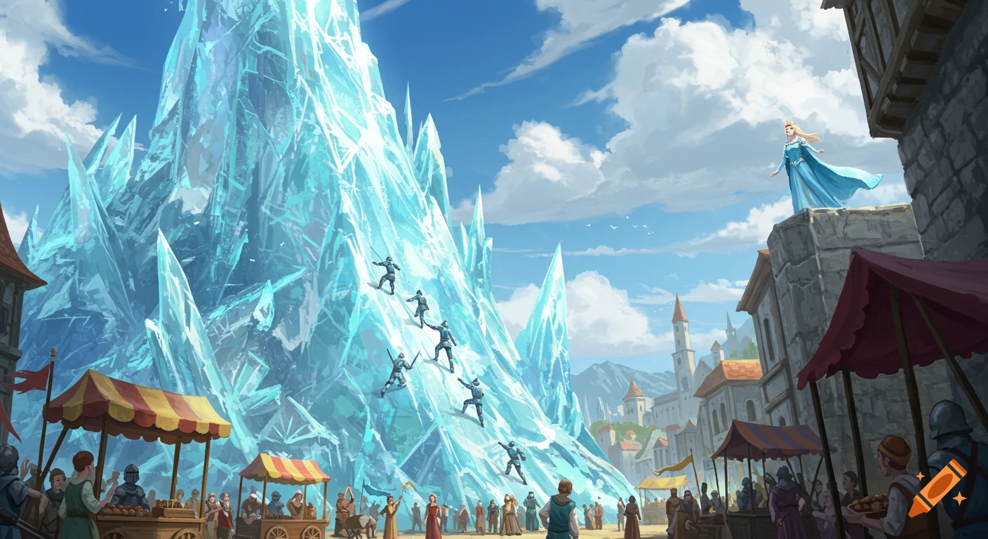 A grand blue ice mountain dominates a medieval town square. Knights climb it while a princess watches from a building and a crowd gathers below.