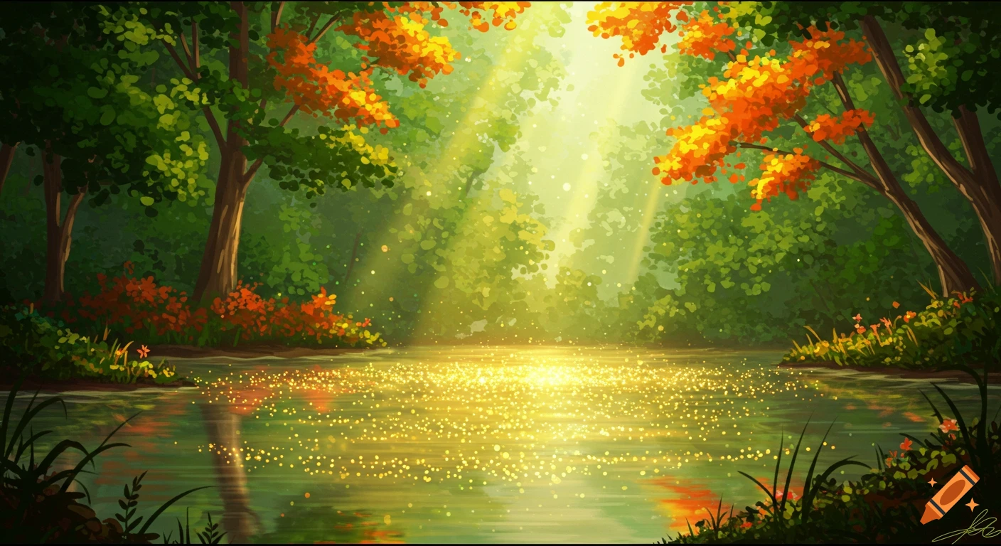 Vibrant fantasy forest landscape with sunlight beaming through green and orange trees, reflecting as golden sparkles on serene water.
