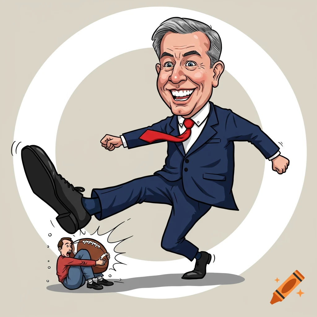 A cartoon politician with a large head and suit kicks a tiny person curled up like a football, against a plain background.