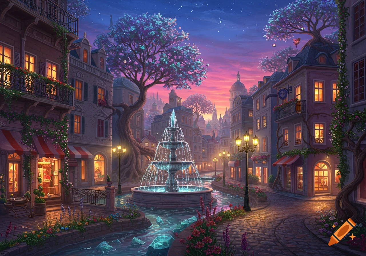 A vibrant, magical European-style town square at dusk with a tiered fountain, glowing trees, and illuminated buildings.