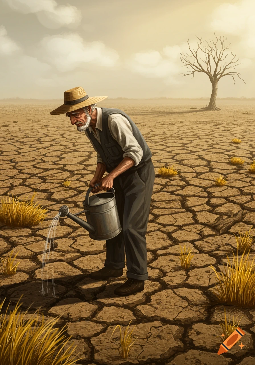 An old farmer in a straw hat waters a small patch of grass on dry, cracked earth with a barren tree in the distance. Illustration.
