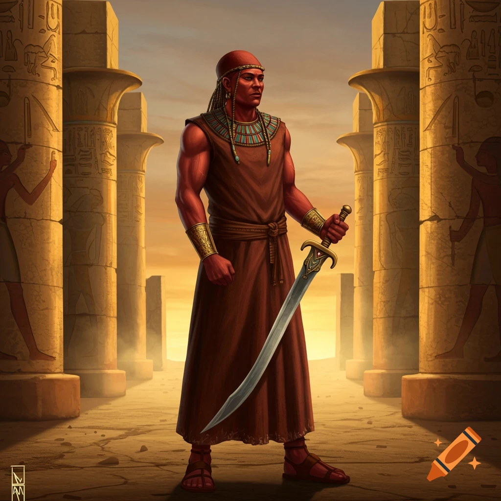 A red-skinned warrior in a brown caftan holds a curved sword, standing among hieroglyph-carved Egyptian pillars at sunset.