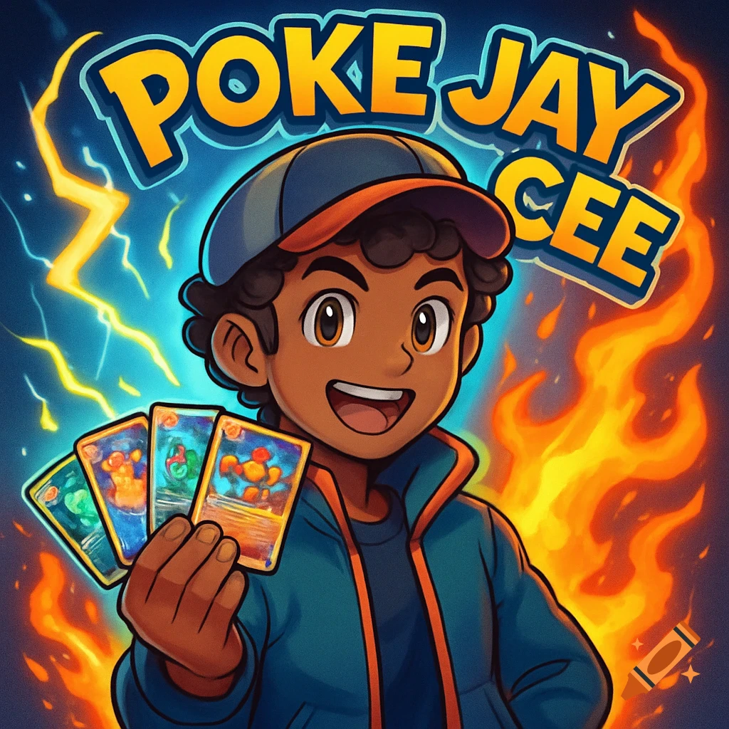 Anime-style cartoon boy holding trading cards with 'POKE JAY CEE' text, surrounded by lightning and fire.