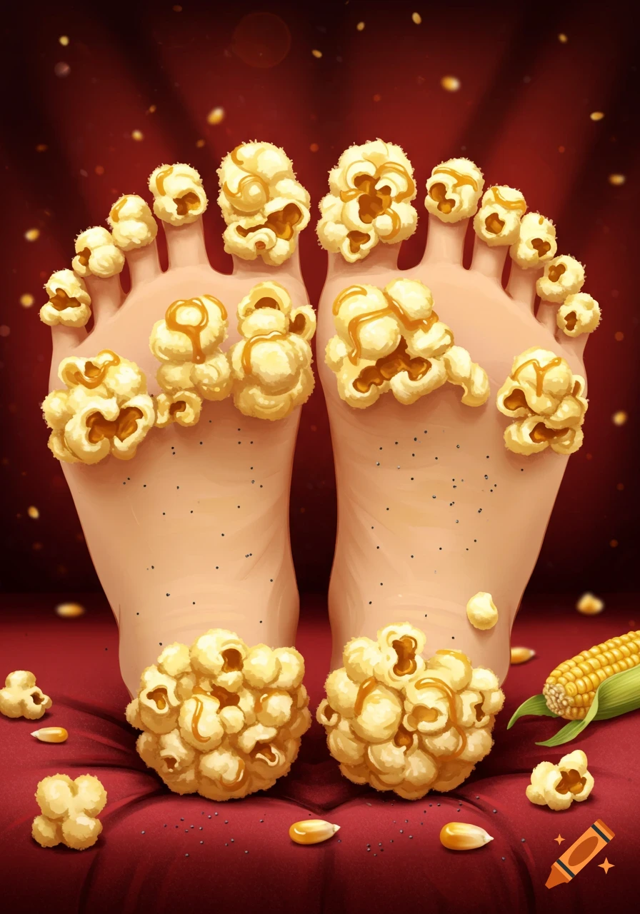 Whimsical illustration of two human feet covered in popcorn and caramel, resting on a red cushion with scattered kernels and an ear of corn.