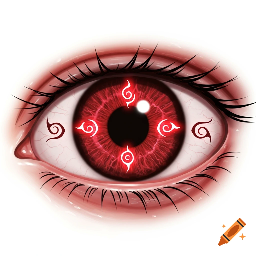 A close-up of a mystical, detailed anime-style red eye with a spiral iris and glowing symbols on a white background.