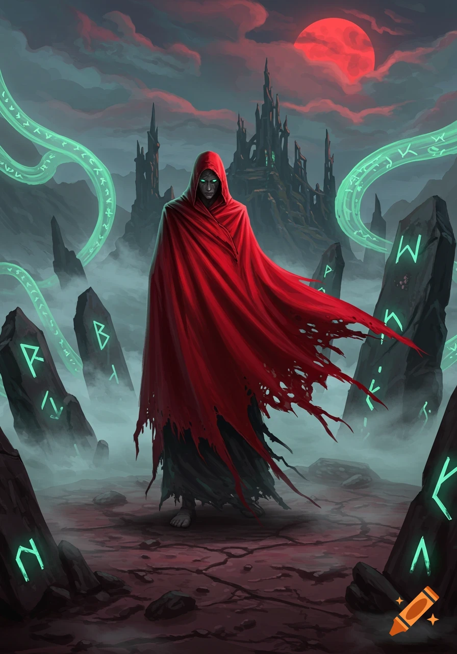 A robed cultist with glowing eyes stands before a dark castle under a blood-red moon, surrounded by glowing runes in a misty, dark fantasy landscape.