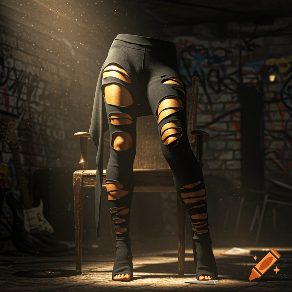 Black torn leggings on a standing headless figure in a dark, graffiti-covered room with a guitar.