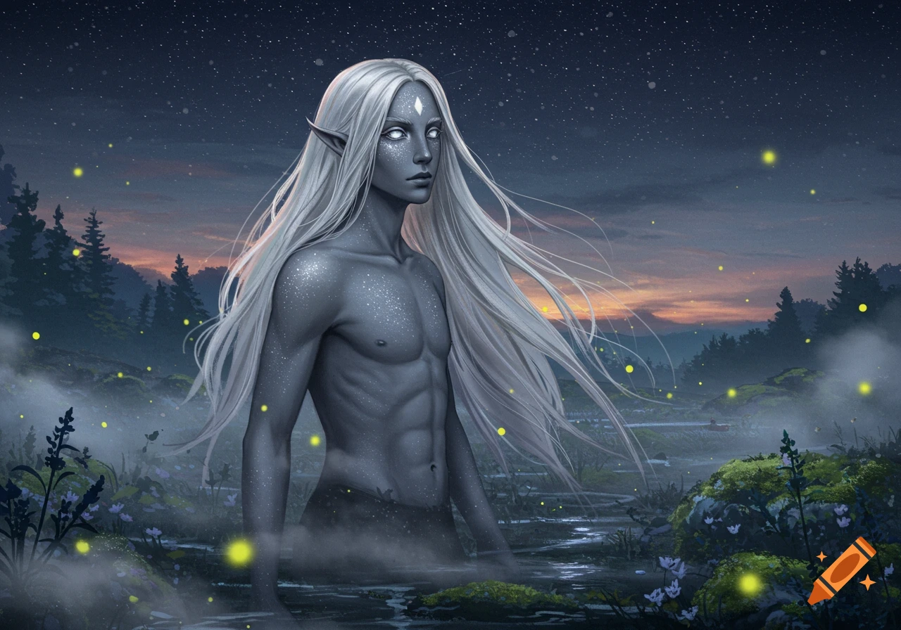 A male elf with long silver hair and glowing eyes stands in a misty forest pond under a starry sky with fireflies.