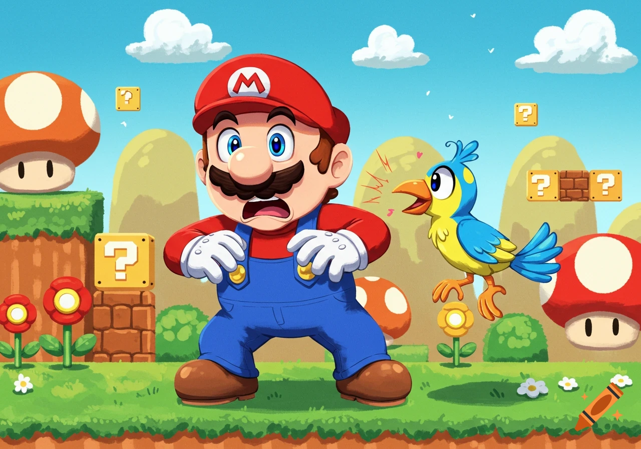 Mario looks scared as a blue bird pecks at him in a vibrant Super Mario Bros. landscape with question mark blocks and mushrooms.