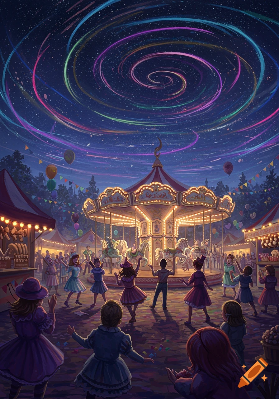 Vibrant illustration of children playing around a brightly lit carousel at a nighttime carnival under a starry sky with colorful swirling lights.