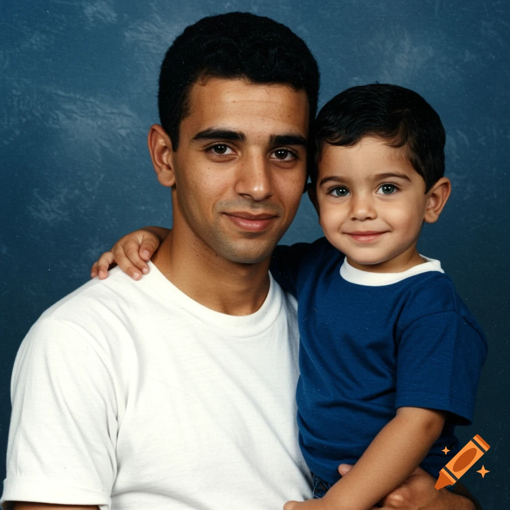 Smiling man with dark hair holding a young boy with green eyes in a 1990s style portrait against a blue background.