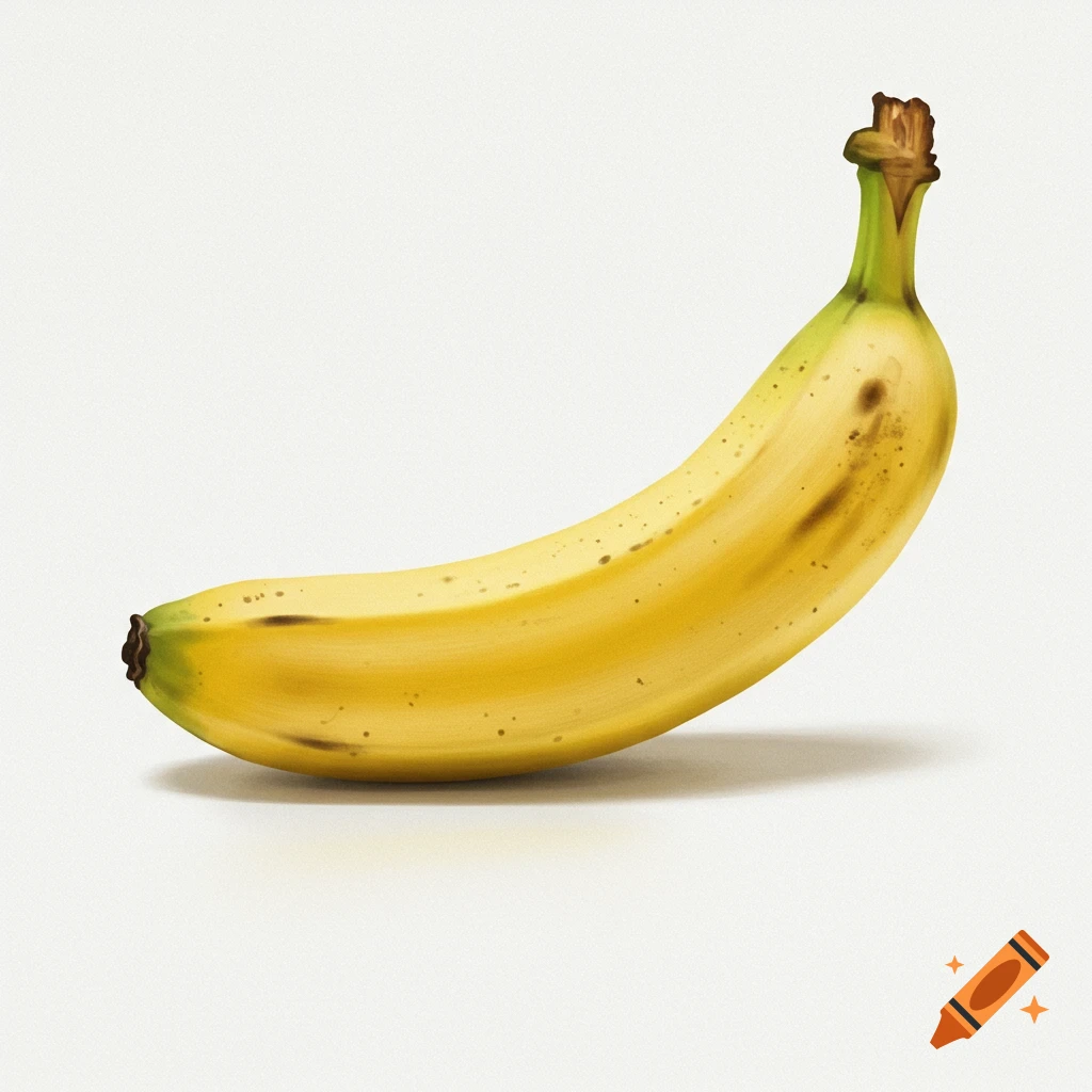 A ripe yellow banana with brown spots lies on a white background, casting a soft shadow.