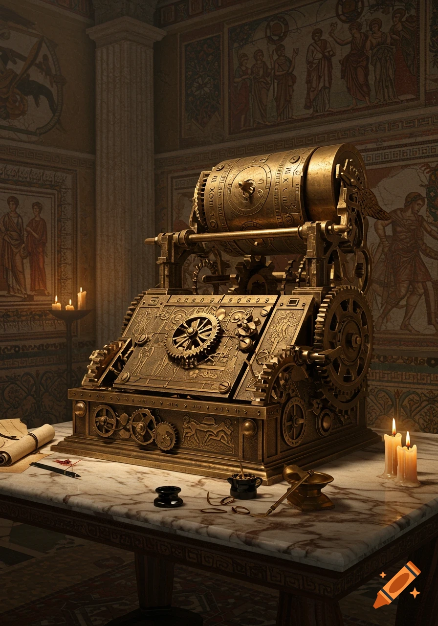A detailed brass ancient computing machine with gears and dials on a marble table, in a candlelit Roman-style room with mosaic walls.