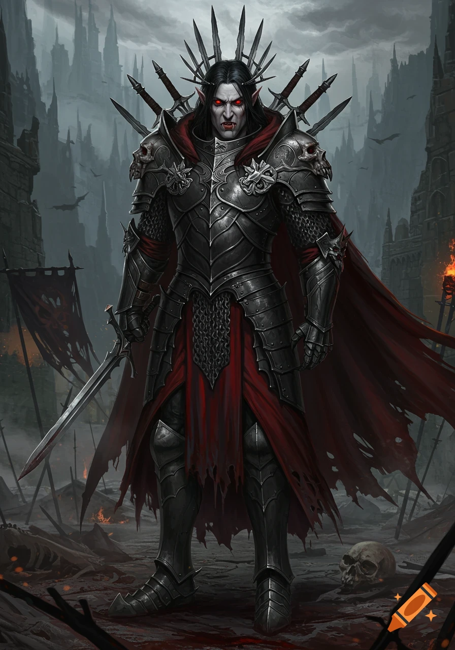 A realistic full-body portrait of a vampire warrior in dark, ornate armor with a tattered red cape, holding a sword, standing in a ruined gothic city.