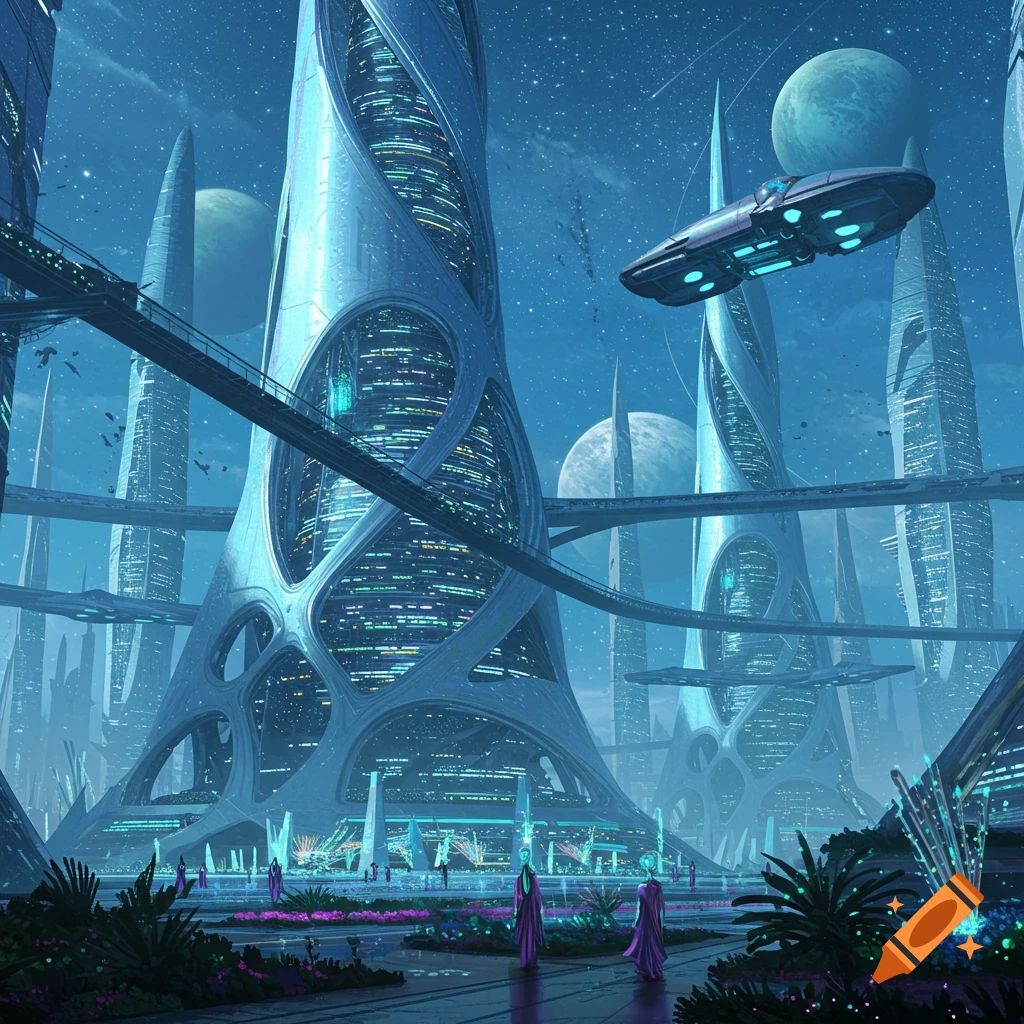 A detailed futuristic alien city at night, with towering, illuminated spires, flying ships, elevated bridges, and cloaked figures.