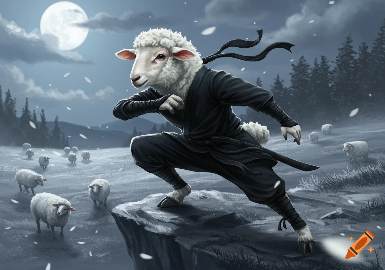 A sheep-headed ninja in black attire crouches on a snowy cliff under a full moon, with a flock of sheep in the background.